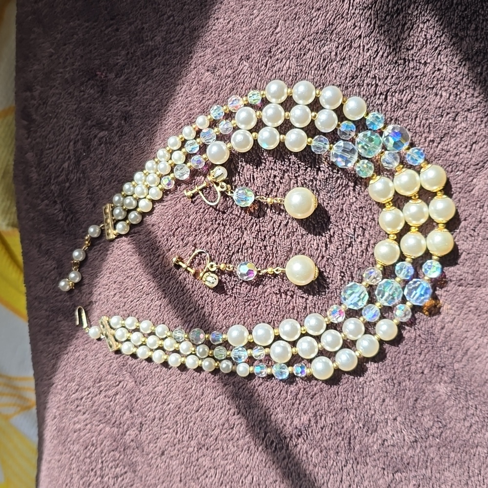 EUC - Vintage Costume Jewelry -Earrings and 3-Strand Faux Pearl Necklace